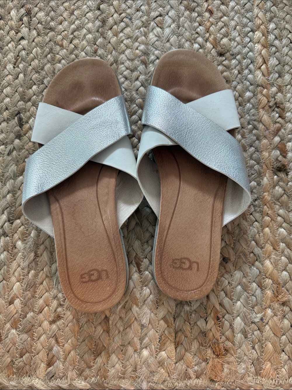 UGG Metallic Silver and Tan Cross-Band Slide Sandals